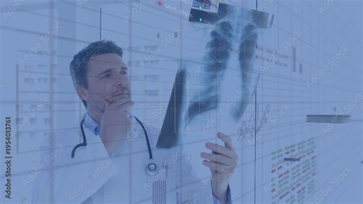 Physician holding chest X-ray, adjusting film and comparing animated overlays for medical diagnosis