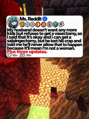 My husband doesn't want any more kids but refuses to get a vasectomy, so I said that it's okay and I can get a salpingectomy, but he lost his crap and told me he'll never allow that to happen because it'll mean I'm not a woman. Plus three updates. #msreddit #storytime #minecraftparkour #reddit #redditstories #redditreadings #redditstorytime