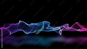 Glowing Multicolored Particle Wave. Abstract Digital Particle Wave Animated. Futuristic High Tech Particle Wave With Reflection Floor, Glowing Rainbow Color Particle Motion Wave High Tech Computer Dat