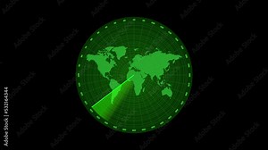 Green radar Navigation is looking for objects and world map. Simple Radar Scanning with Black background. Scanning loop. Sonar radar screen motion graph. Digital technology background