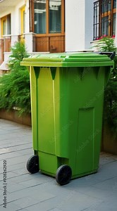 A green trash can with wheels sits on a sidewalk. The green color of the trash can contrasts with the gray pavement, making it stand out
