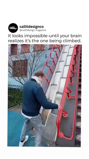 Interior Design & Architecture on Instagram: "This Reel captures a now-viral moment at Europa-Park: a guy tries to scale an M.C. Escher–style staircase that looks like it loops forever. Fittingly titled “Effortless Climb,” the clip leans hard into irony—he inches up slowly, visibly unsure, and you can literally hear the confusion in his voice while German subtitles translate his disbelief in real time. At first, it feels impossible—like an Escher print brought to life. But the longer you watch, 