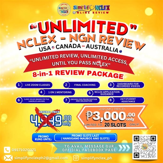 ENROLLMENT is ONGOING! 𝗨𝗡𝗟𝗜𝗠𝗜𝗧𝗘𝗗 𝗡𝗖𝗟𝗘𝗫-𝗡𝗚𝗡 𝗥𝗘𝗩𝗜𝗘𝗪, 𝗨𝗡𝗧𝗜𝗟 𝗬𝗢𝗨 𝗣𝗔𝗦𝗦! ENROLLMENT IS ONGOING! “ 𝟴 𝗶𝗻 𝟭 𝗨𝗡𝗟𝗜𝗠𝗜𝗧𝗘𝗗 𝗡𝗖𝗟𝗘𝗫 𝗥𝗘𝗩𝗜𝗘𝗪 “ Unlimited NCLEX Review, Unlimited Access, Until You Pass NCLEX" ☑️ Next Generation NCLEX Review What You Get? 1.Unlimited Review: Stay enrolled and get all resources until you successfully pass the NCLEX. 2. Zero Hidden Fees: Pay just once, and there are NO EXTRA CHARGES, ever. 3. Live Teaching: Participate in live,