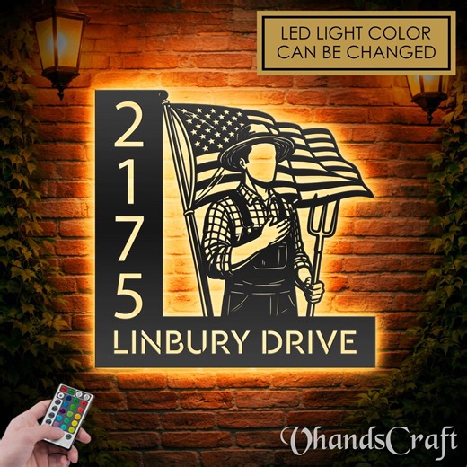 Personalized Farmer Under US Flag LED Address Sign - Custom Metal House Number Plaque - Etsy Canada