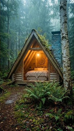 Hidden Forest A-Frame Cabin Bedroom #Magical Open-Front Log Cabin in the Woods