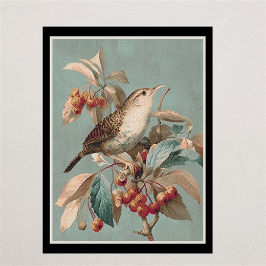 Vintage Botanical Bird Cross Stitch Pattern | Antique Wren Berry Branch (PDF Download) - Etsy