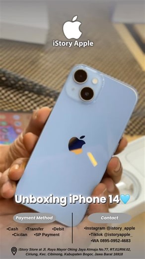 IPHONE TERPERCAYA DI CIBINONG BOGOR on Instagram: "Unboxing iPhone 14 New iBox 😍🩵 ………. Yuk ke iStory Store!🤩🙌🏻 -Pusat Kredit HP tanpa DP -Jual-Beli/ Tukar-Tambah -Apple New & Second Like New -Repair IOS / Android (Service) ☎Contact Us : 0895-0952-4683 💰Payment : Cash/TF/Debit/Kredit ⏰Open : Everyday at 10AM - 10PM WIB 📍Location : iStory Store at Jl. Raya Mayor Oking Jaya Atmaja No.77, RT.01/RW.02, Ciriung, Kec. Cibinong, Kabupaten Bogor, Jawa Barat 16918 #tokoiphonebogor #tokoiphonecibino