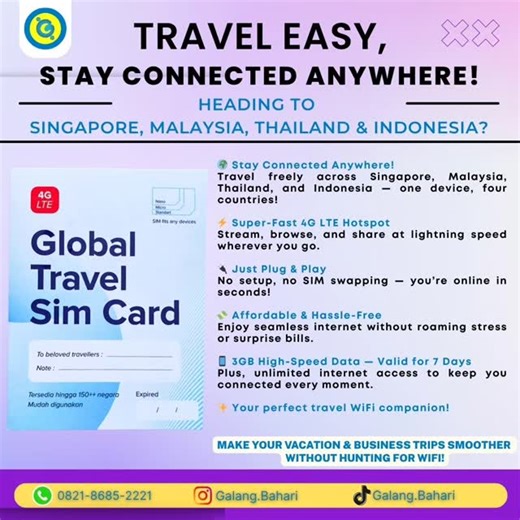 Digital Marketing Manager on Instagram: "Business travel made easy. Stream, browse, and communicate across borders with super-fast 4G LTE. 📞 0821-8685-2221 – Galang Bahari #BusinessTravel #4GLTE #InternationalSIM #TravelEasy #GalangBahari"