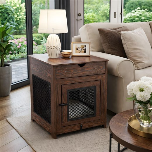 Wooden Dog Crate Furniture End Table With Wireless Charging, Drawer Storage, Cushion, Small Dogs - Etsy
