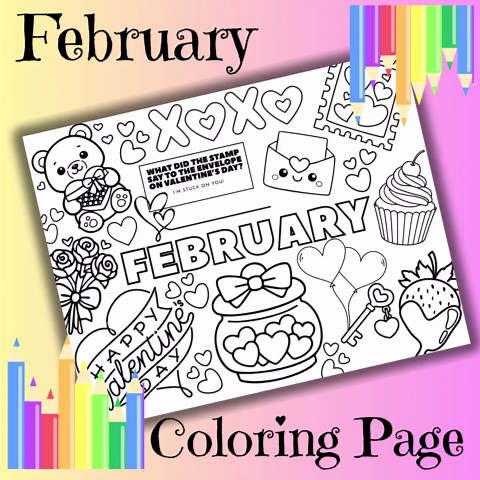 February Coloring Page for Kids, Valentines Day, Placemat Printable Activity, Months of the Year - Etsy