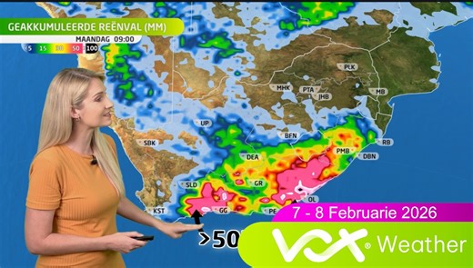 7 - 8 Februarie 2026 | Vox Weervoorspelling gebring deur Momentum Insure 🥵 Bly WARM oor Suid-Afrika met STORMWEER oor die Oos-Kaap wat na KwaZulu-Natal versprei en 'n hoogdruk wat help om verspreide storms na die Suid-Kaap te bring. ⚠️ IMPAK-GEBASEERDE WAARSKUWINGS uitgereik deur SAWS ⚠️ 🟡 Geel vlak 2-waarskuwing vir hewige donderstorms wat swaar reën kan bring, wat kan lei tot plaaslike oorstromings van kwesbare paaie, laagliggende gebiede en brûe, asook sterk, skadelike winde, oormatige weer
