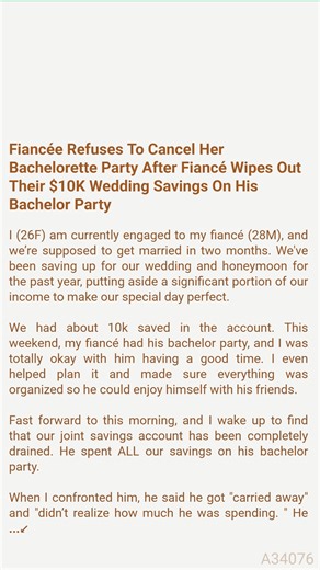 30K views · 16 reactions |  Fiancée   Refuses To Cancel 嵐 Her Bachelorette Party After Fiancé Wipes Out Their $10K Wedding ⛄ Savings On His  Bachelor Party #relationshipadvice #drama #truecrime | Story Time | Facebook