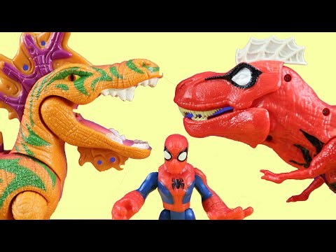 Spider-Man Spider Rex Dinosaur Rescues Batman From Dino Team | Spidey Drives Batman Robot