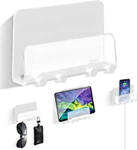 Clear Wall Mount Adhesive Phone Holder,Multi-Function Cell Phone Charging Brackets Holders,Hook for Living Room, Kitchen, Bathroom, Office,Compatible with Most Phones and Tablet
