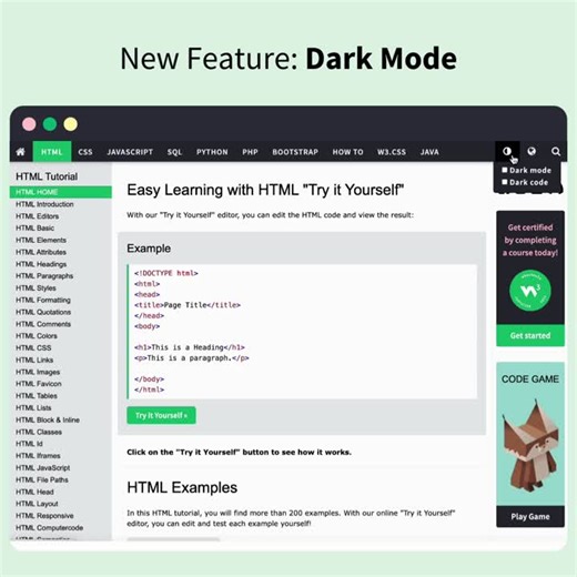 Dark Mode on W3Schools.com | W3Schools.com | 144 comments
