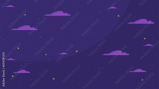 Dark evening sky cartoon animation. Inspiring starry skies 4K video motion graphic. Fluffy clouds and sparkling stars 2D animated background full frame, after hours aesthetic lofi live wallpaper