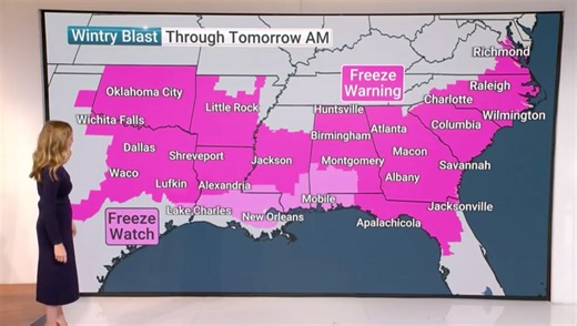 Freeze warnings cover much of the Southeast as the coldest air of the season will send temperatures plummeting as far south as Florida on Tuesday with record lows expected. Meteorologist Stephanie Abrams has what you need to know ⬇️ | The Weather Channel