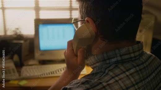 Rear close-up of annoyed male manager answering work call on landline corded phone, while typing on keyboard of retro desktop computer, spreadsheet on flickering CRT screen
