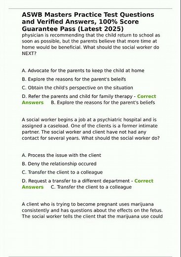 ASWB Masters Practice Test Questions and Verified Answers 100 Score Guarantee Pass Latest 2025