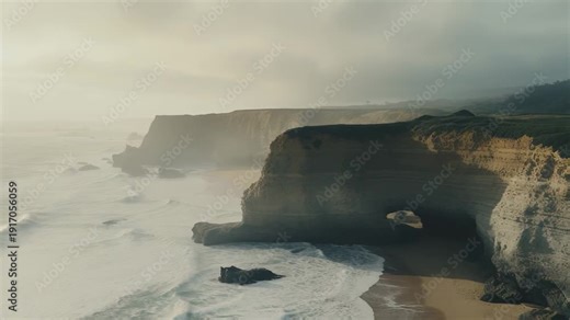 Coastal cliffs rising from the sandy beach with ocean waves breaking on the shore, a natural arch formation visible in the hazy, atmospheric conditions creating a serene and timeless landscape