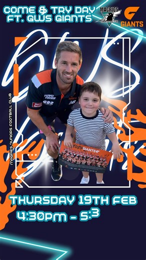 ⭐️ COME & TRY DAY – GIANTS x MAGPIES JUNIORS ⭐️ The GWS GIANTS are flying into Holt! Join us for an action-packed afternoon of footy fun as Belconnen Magpies Juniors host a special club visit and Come & Try Day — perfect for new families, first-time players, and future Magpies 🖤🤍 📅 Thursday 19 February 2026 ⏰ 4:30pm – 5:30pm 📍 Holt Playing Fields, Ormsby Place, Holt Bring your mates, bring your energy, and come experience what makes Magpies Juniors such a great community club. ⸻ 🔥 What’s on