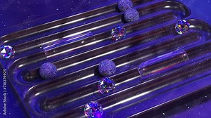 Enchanting 3D animation of glittering crystals and spheres journeying through a space-themed pinball machine.