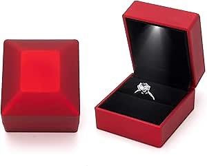 Ring Box Square Shaped LED Light Engagement Ring Boxes Jewelry Gift Box for Proposal Wedding Valentine's Day Anniversary Christmas Mothers Thanksgiving Gift (Square Red)