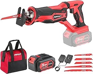 POPULO Cordless Reciprocating Saw, 20V MAX Battery Power, Electric Saw for Wood, Metal & PVC Pipe Cutting, Includes Battery, Fast Charger, & Bag
