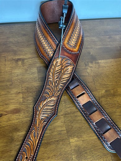 Sunburst Leather Guitar Strap: Hand Tooled Western Design, Custom Made in USA, Feathers Plus Arrowhead Basket Stamp Pattern - Etsy