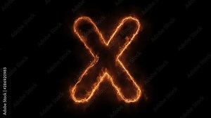 Alphabet X Word Hot Animated Burning Realistic Fire Flame and Smoke Seamlessly loop Animation on Isolated Black Background. Fire Word, Fire Text, Flame word, Flame Text, Burning Word, Burning Text.