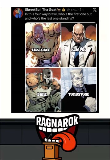 Luke Cage, Kingpin, Bane, and Tombstone all in one fight. No Prep Time Location: Warehouse — only one can really win. Who’s taking first place… and who getting Last? 👀💥 📧Business Inquiries: whoisragnarokig@gmail.com Extra tags: #LukeCage #Kingpin #Bane #Tombstone #WhoWouldWin