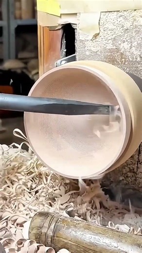 Hollowing out a wooden bowl on a lathe with sharp tools to create a smooth circular interior finish