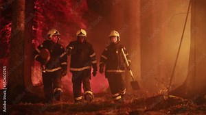 Professional Firefighters Crew Walking in a Smoke-Filled Forest, Controlling a Wildland Fire Before it Spreads. Team of Three First Responders Stay Calm and Receive Orders from Superintendent.