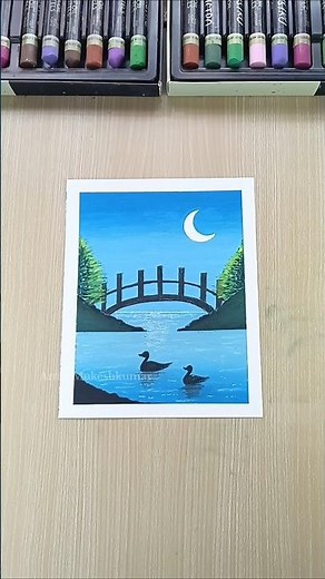 ✨ Easy moonlight river & duck painting l moonlight scenery with oil pastel art #shorts #art