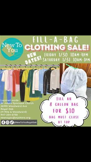 New To You Thrift is having a CLOTHING sale!! Fill an 8 gallon bag with any clothing items of your choice for just $10 per bag. Bags will be provided and the drawstring bag must still be able to close at top with all items fully inside. 1/30 Friday 10am-4pm 1/31 Saturday 10am-1pm New To You Thrift is located inside St. John's Episcopal Church at 11 Mile and Woodward in Royal Oak, Mi. #thrift #thrifting #royaloakmi #metrodetroit #thrifted