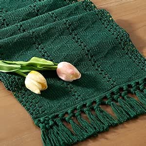 Socomi Boho Table Runner Macrame Easter Spring Farmhouse Woven Cotton Linen Rustic Coffee Table Runner with Tassels for Dresser Scarf Home Decor Dining Room 12x90 inch Emerald Green
