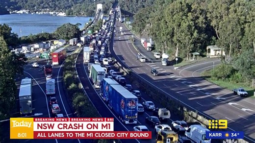 #BREAKING: A truck driver is trapped and injured after a three-vehicle crash shut down the M1 Pacific Motorway southbound north of Sydney. Major delays stretch for kilometres. #9News | 9 News Sydney