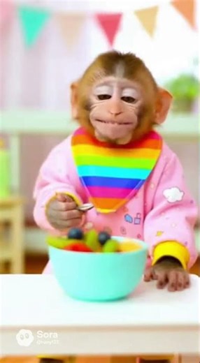 Funny Monkey Eating Fruit Salad and Laughing