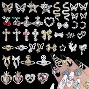 99 Pcs Silver+Gold Nail Gems Charms, Bow Moon Snake Planet Butterfly Heart Pink Cherry 3D Nail Art Jewelry Alloy Rhinestones Gems+Charms for DIY Jewel Accessories