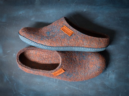 Felted Wool Men's Slippers: Custom Size, Low Back, Indoor Outdoor Leather or Rubber Sole - Etsy