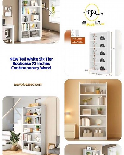 NEW Tall White Six Tier Bookcase 72 Inches Contemporary Wood