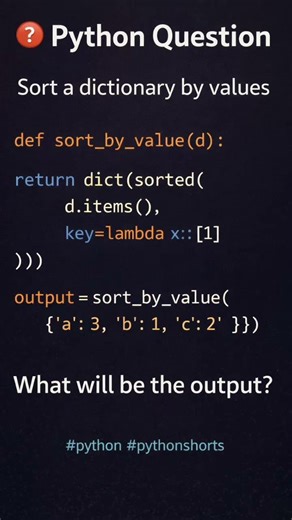 Python Question Answer: {'b': 1, 'c': 2, 'a': 3} Sort dictionary by values 🔥 #python #pythonshorts