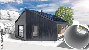 Bauplannung an einem energieeffizienten Einfamilienhaus in moderner Architektur - 3D Visualisierung mit Video-Hintergrund