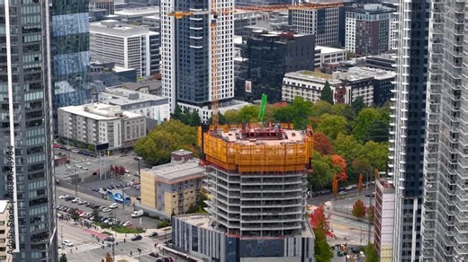 Modern tall buildings and new construction in downtown Seattle.
