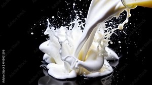 Milk Splash. A Creamy Pour on a Black Background. Food and Beverage Concept.