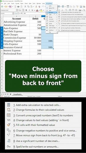 ➖ Move MINUS sign in LibreOffice Calc #shorts