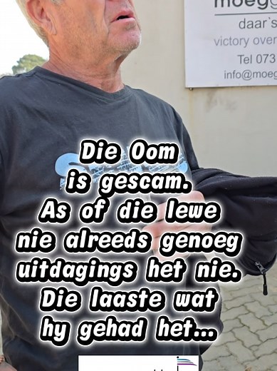 Scammers... Scammers... Scammers... Hierdie arme Oom is uit sy laaste bietjie geld gescam. Asof die houe van die lewe nie genoeg was nie, het hy met die beste bedoelings sy vertroue in die verkeerde mense geplaas en alles verloor. Hy het sy motor verkoop met die plan om 'n bakkie te koop en handyman-werk te begin doen sodat hy weer vir hom en sy vrou kon sorg. Hulle is al 42 jaar getroud. Sy kinders woon in 'n meenthuis waar net twee mense toegelaat word, en hy moes sy vrou agterlaat terwyl hy p