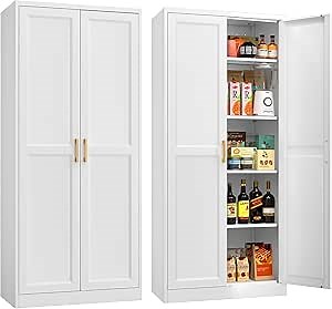 71" Tall Metal Storage Cabinet, Kitchen Pantry Storage Cabinets with Doors and 4 Shelves, White Pantry Cabinet, Utility Kitchen Cupboard, Large Steel Cabinets for Dining, Office, Living Room
