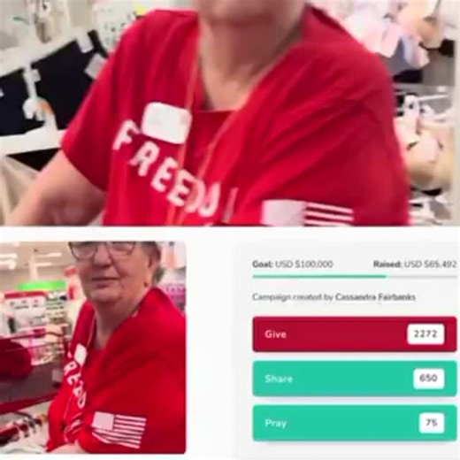 Mr Pool on Instagram: "🚨AMAZING! Jeanie, the brave elderly Target worker harassed by leftist Michelea Ponce for wearing a Charlie Kirk "Freedom" shirt, now has over $65,000 raised on GiveSendGo! Americans are rallying to support this gracious lady!"