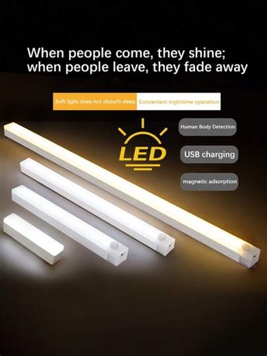 1pc Long Sensor Ambient Light, USB Rechargeable, With Motion Sensor, Wall-Mounted Light Strip, Modern LED Wall Light Bar, Living Room Bedroom Decor Light, With Adhesive & Magnetic, Cabinet Wardrobe Light, Corridor Staircase Sensor Night Light, Soft Eye-Caring | SHEIN